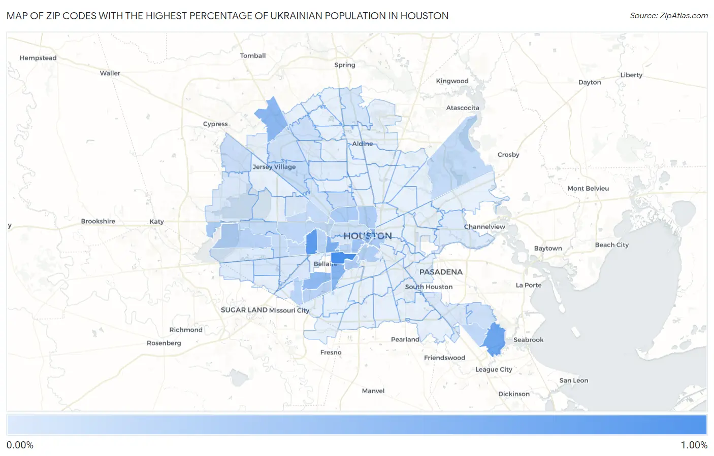 Zip Codes with the Highest Percentage of Ukrainian Population in Houston Map