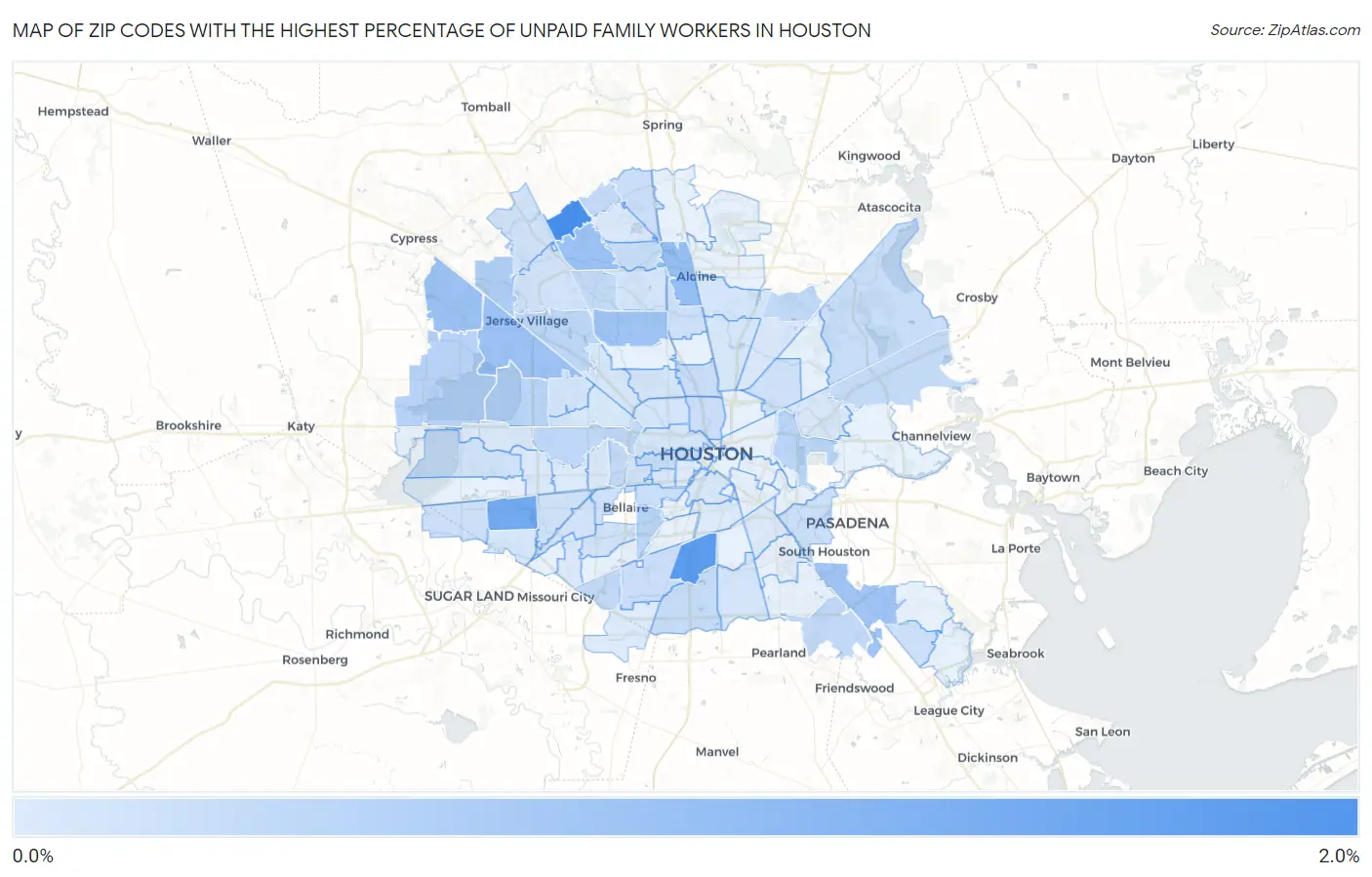 Zip Codes with the Highest Percentage of Unpaid Family Workers in Houston Map