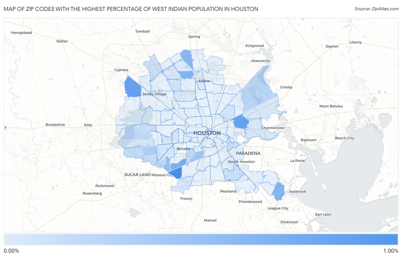 Zip Codes with the Highest Percentage of West Indian Population in Houston Map