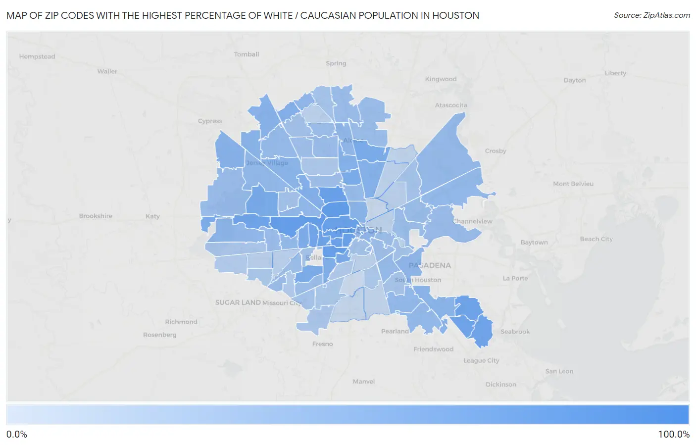 Zip Codes with the Highest Percentage of White / Caucasian Population in Houston Map