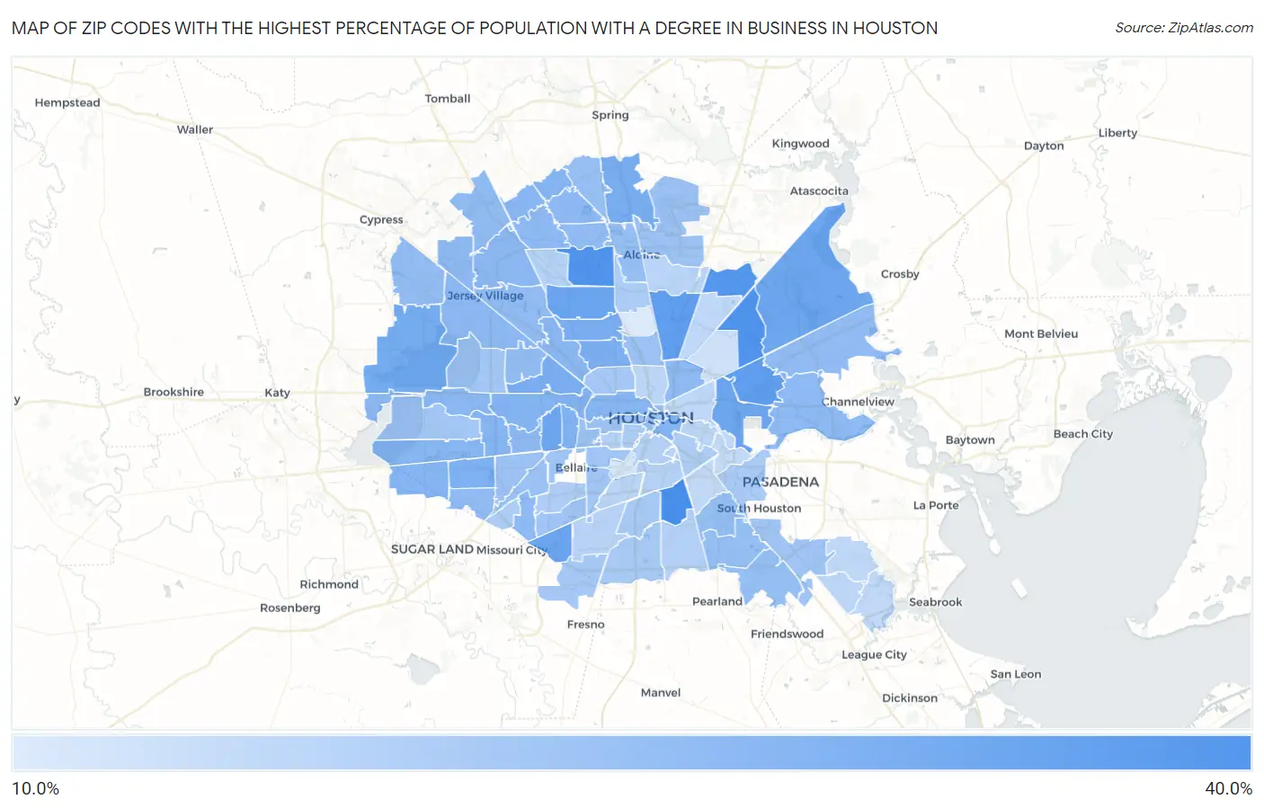 Zip Codes with the Highest Percentage of Population with a Degree in Business in Houston Map