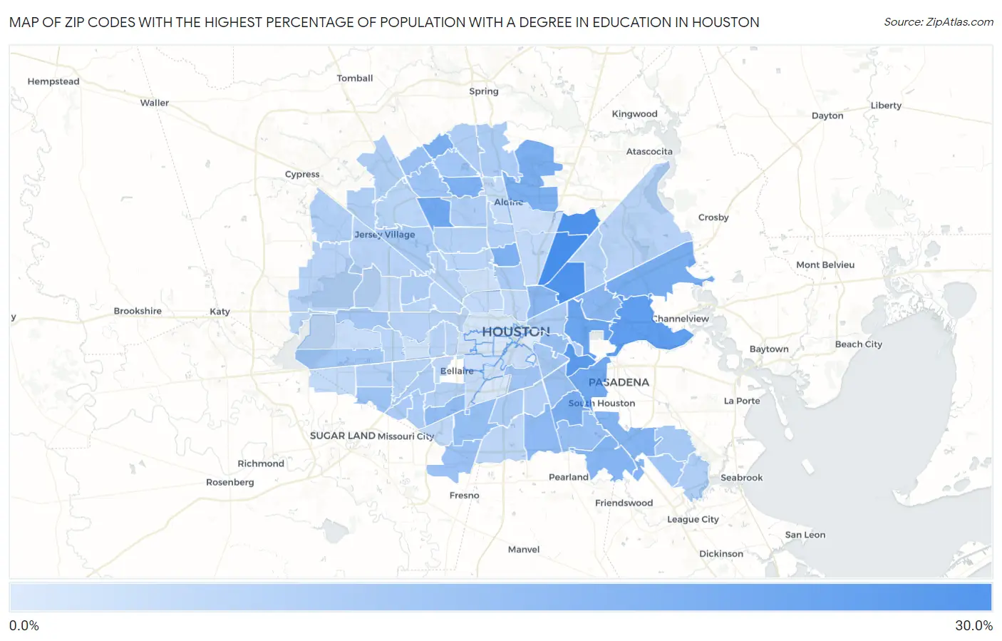 Zip Codes with the Highest Percentage of Population with a Degree in Education in Houston Map
