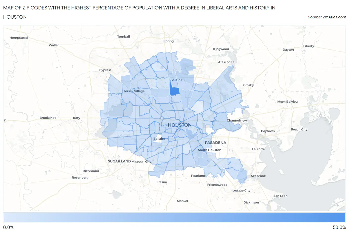 Zip Codes with the Highest Percentage of Population with a Degree in Liberal Arts and History in Houston Map