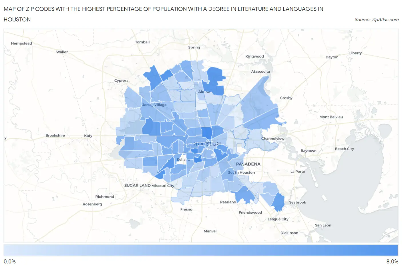Zip Codes with the Highest Percentage of Population with a Degree in Literature and Languages in Houston Map