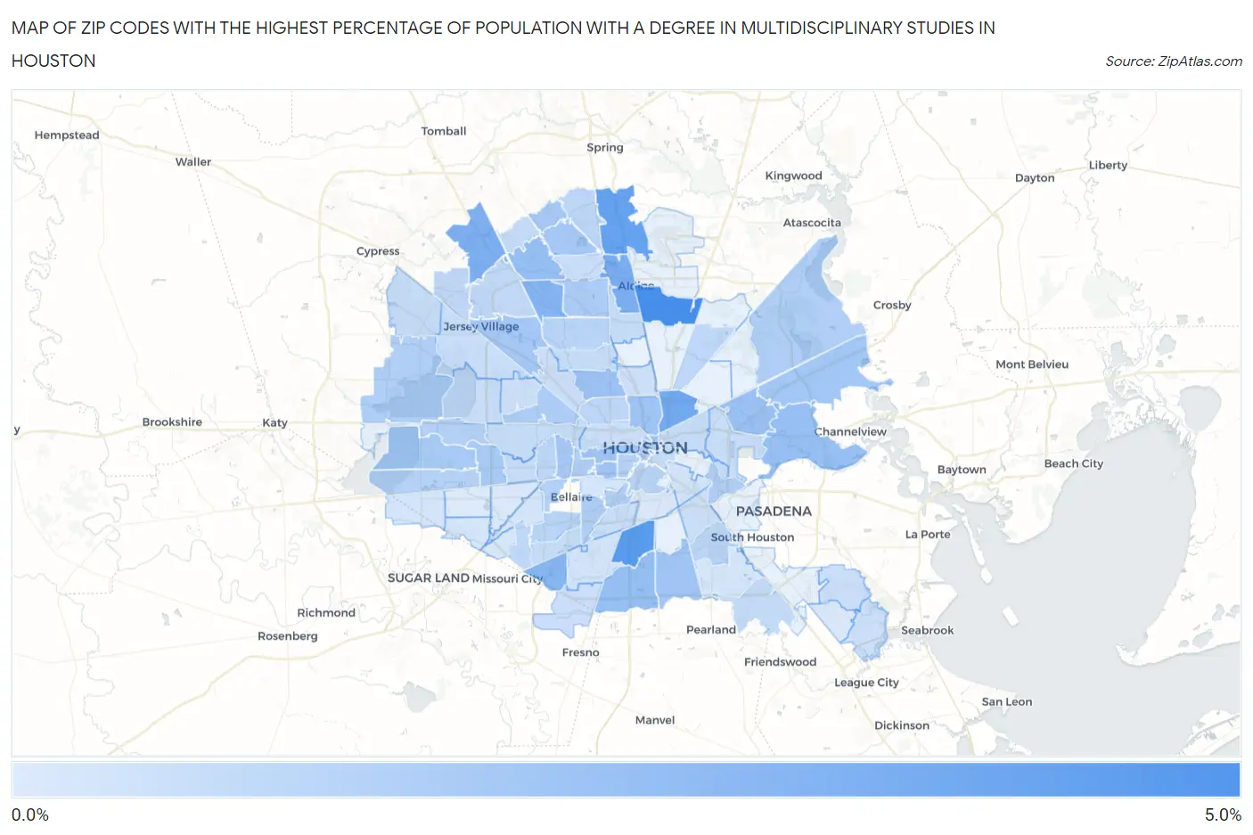 Zip Codes with the Highest Percentage of Population with a Degree in Multidisciplinary Studies in Houston Map