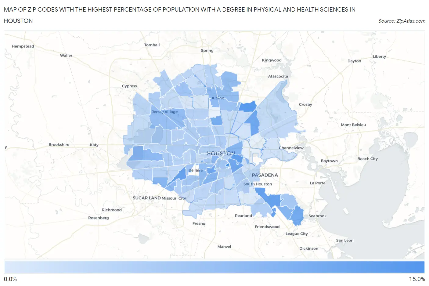 Zip Codes with the Highest Percentage of Population with a Degree in Physical and Health Sciences in Houston Map