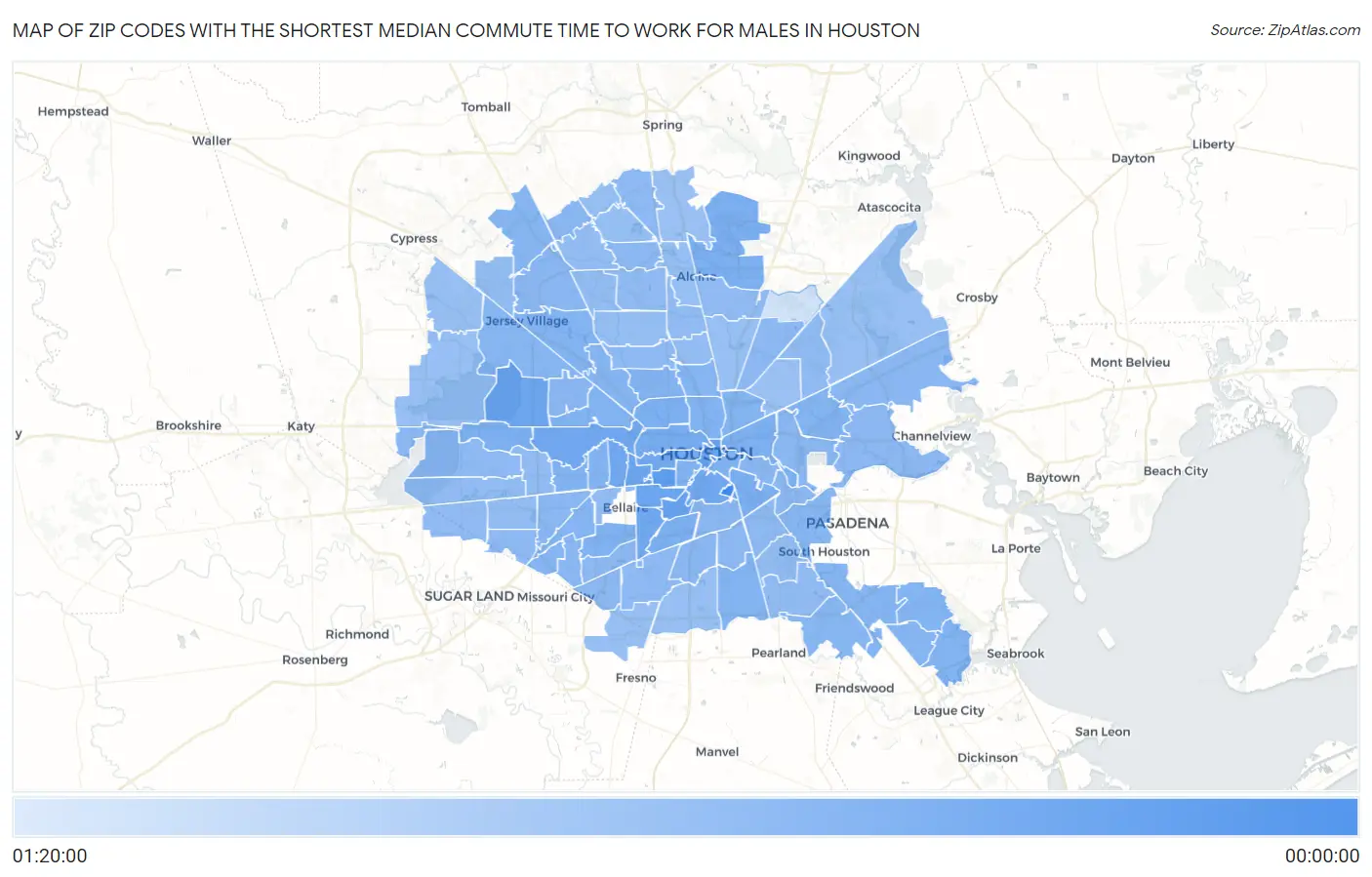Zip Codes with the Shortest Median Commute Time to Work for Males in Houston Map