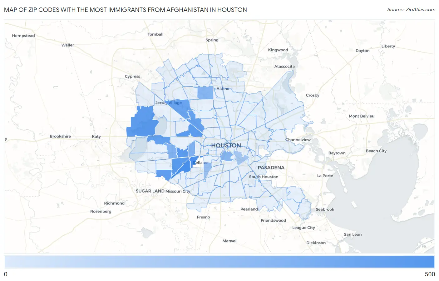 Zip Codes with the Most Immigrants from Afghanistan in Houston Map
