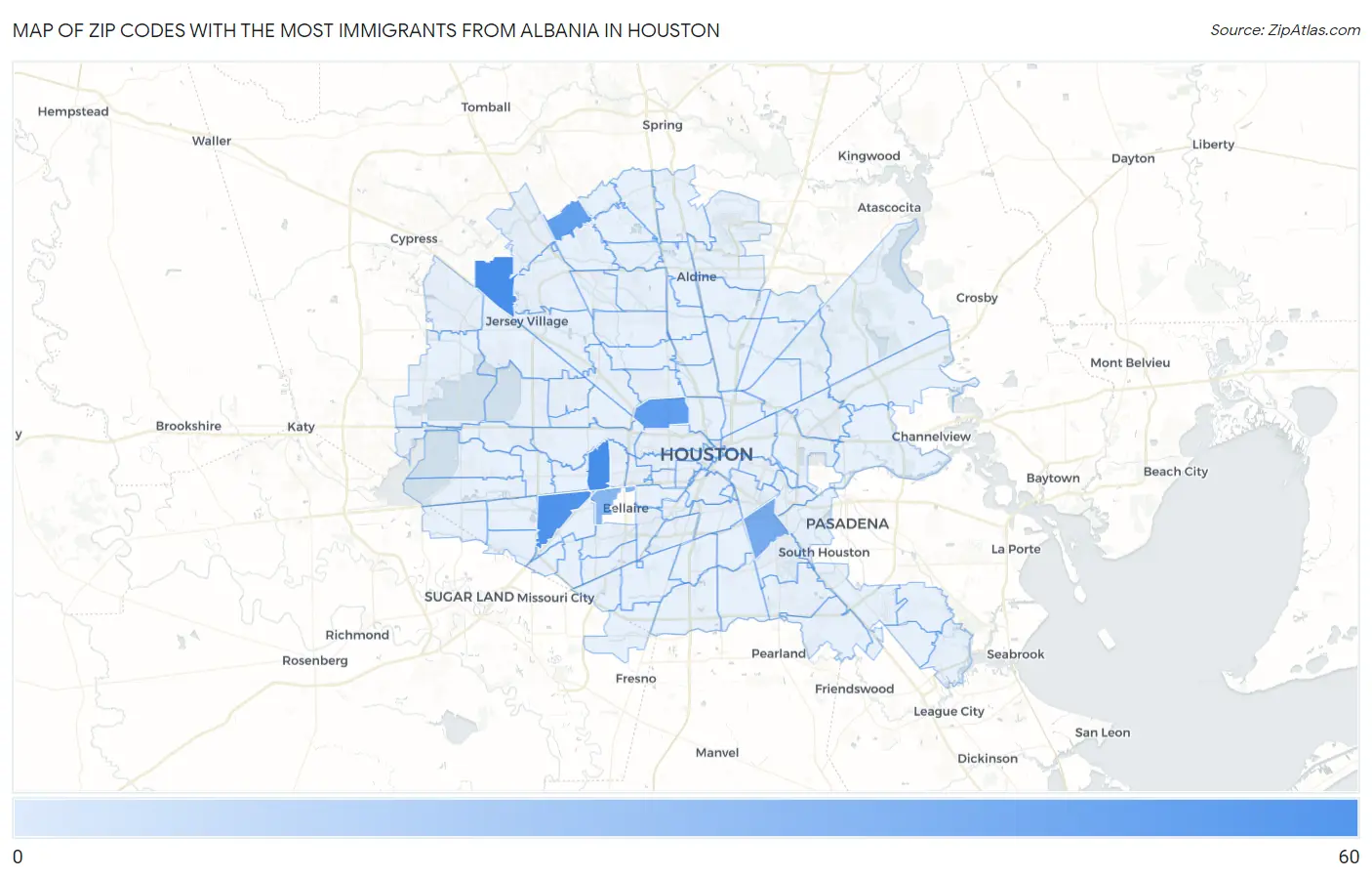 Zip Codes with the Most Immigrants from Albania in Houston Map
