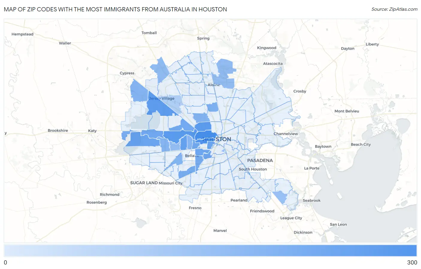 Zip Codes with the Most Immigrants from Australia in Houston Map