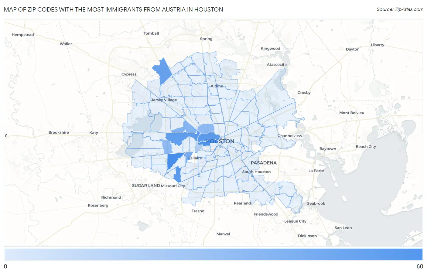 Zip Codes with the Most Immigrants from Austria in Houston Map