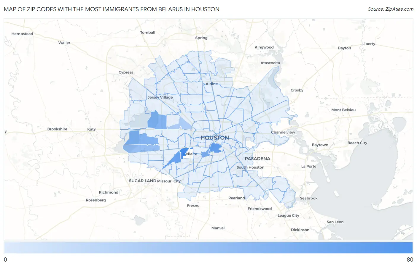 Zip Codes with the Most Immigrants from Belarus in Houston Map