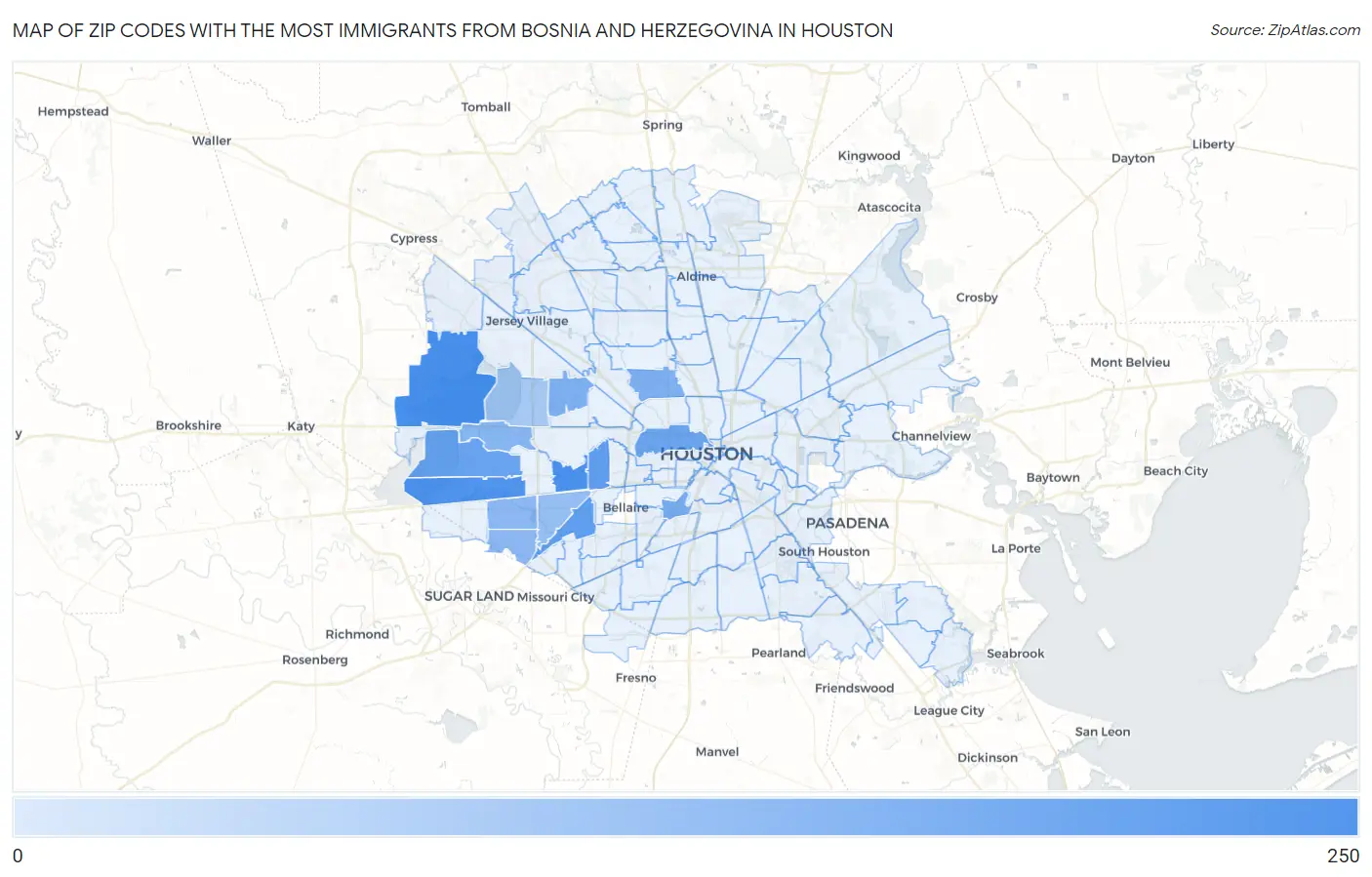 Zip Codes with the Most Immigrants from Bosnia and Herzegovina in Houston Map