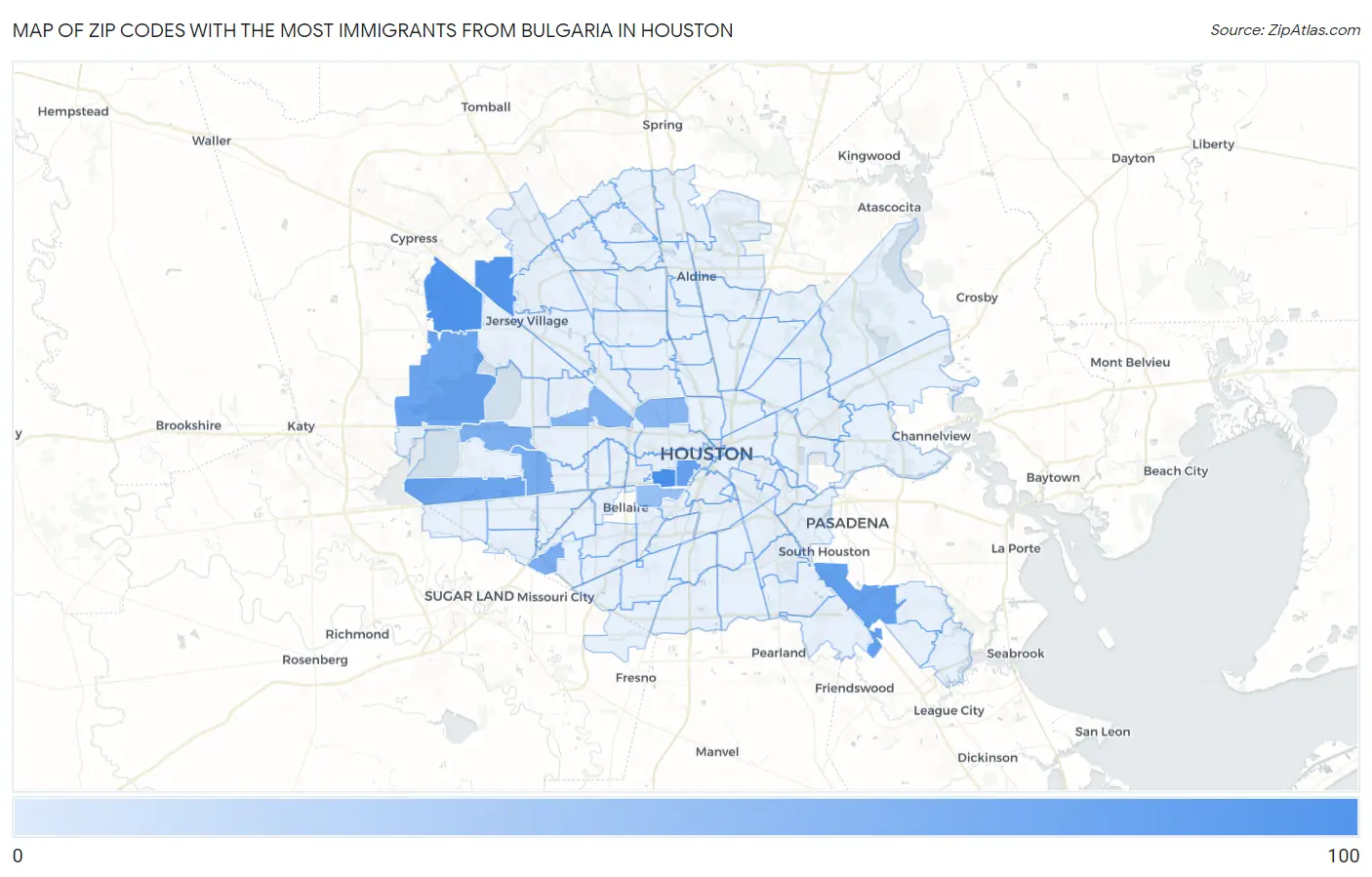 Zip Codes with the Most Immigrants from Bulgaria in Houston Map