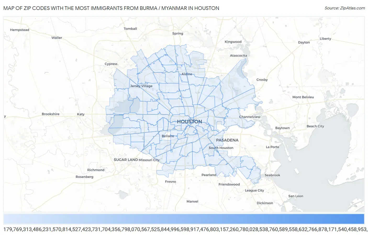 Zip Codes with the Most Immigrants from Burma / Myanmar in Houston Map