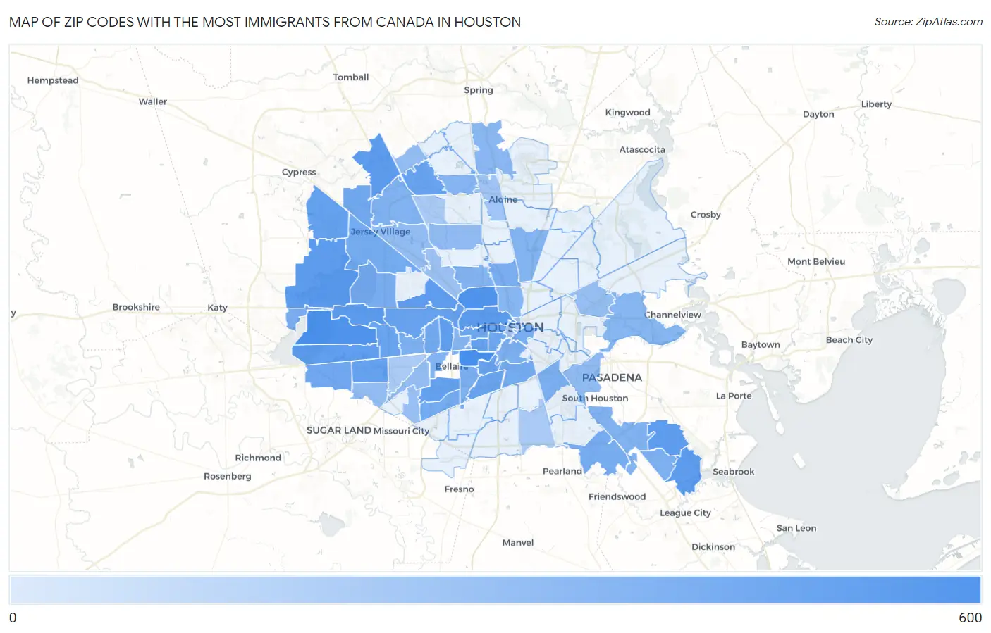 Zip Codes with the Most Immigrants from Canada in Houston Map