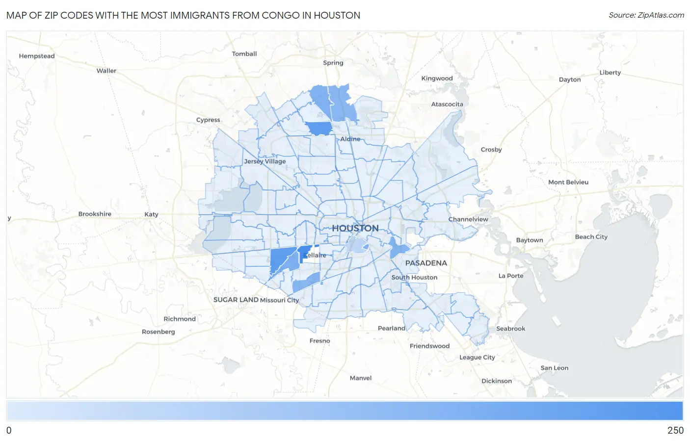 Zip Codes with the Most Immigrants from Congo in Houston Map