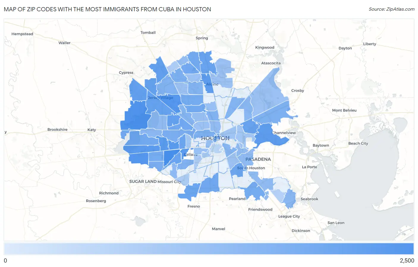Zip Codes with the Most Immigrants from Cuba in Houston Map