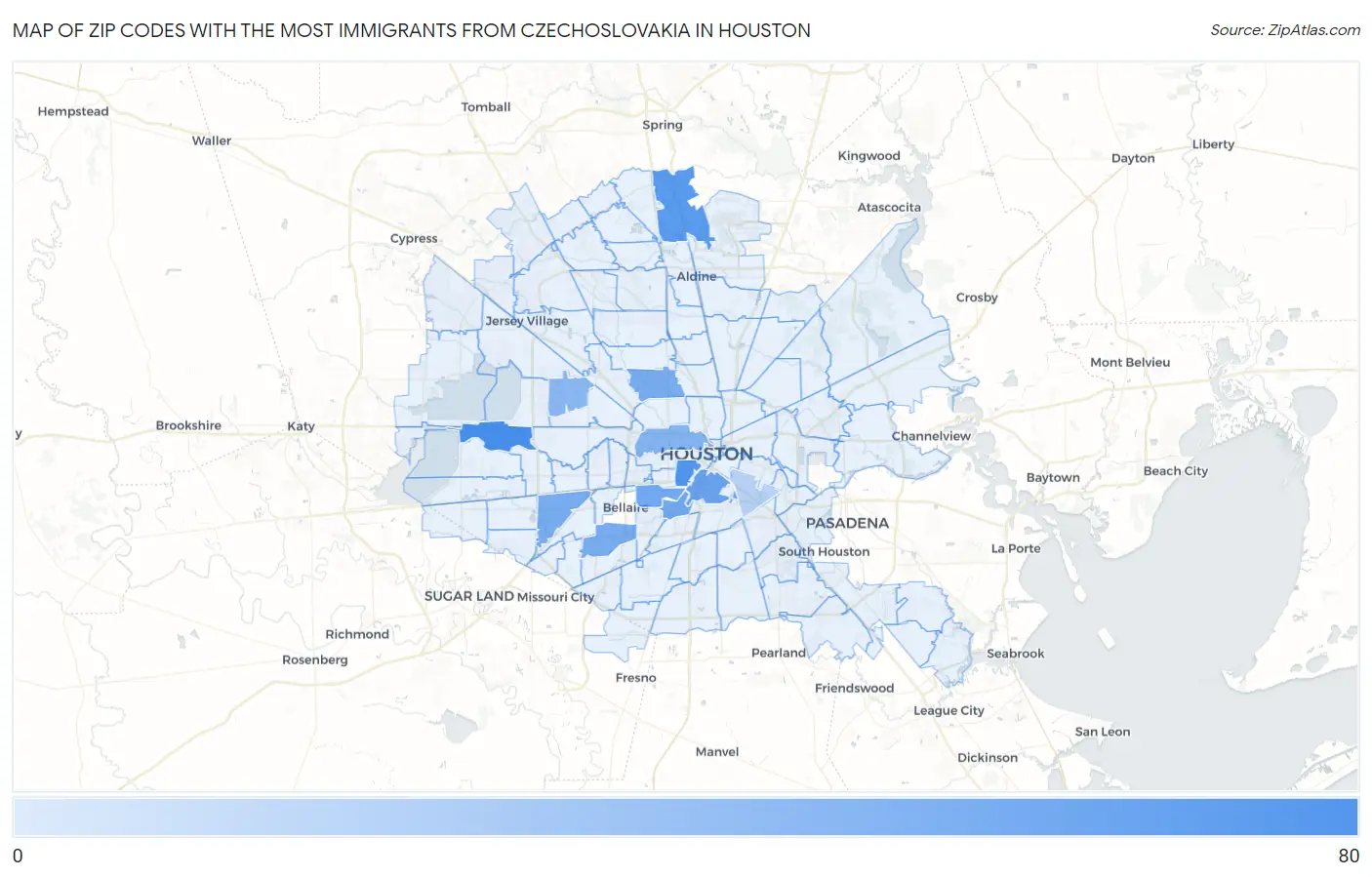 Zip Codes with the Most Immigrants from Czechoslovakia in Houston Map
