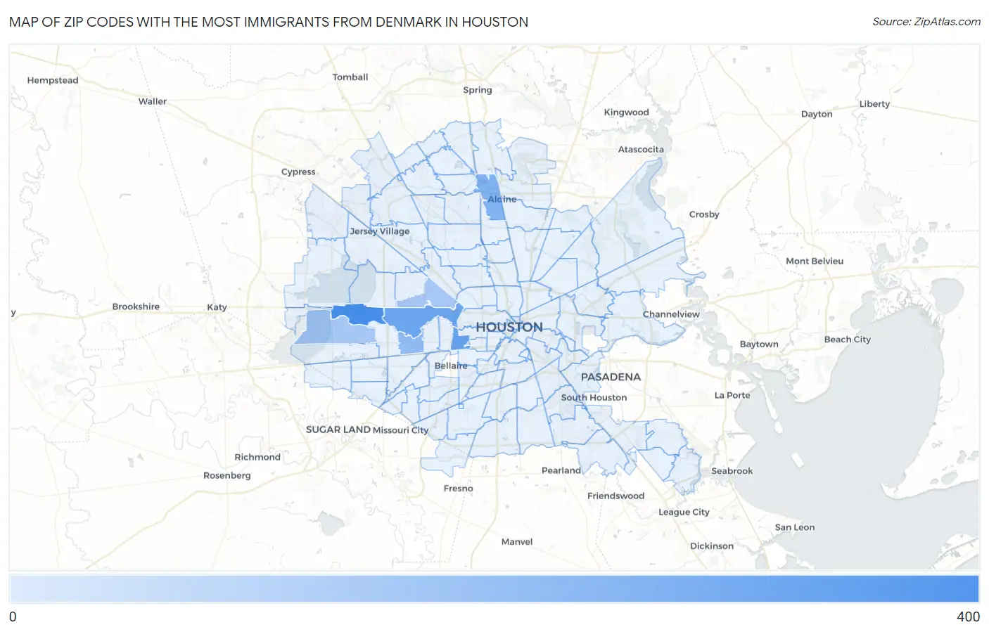 Zip Codes with the Most Immigrants from Denmark in Houston Map