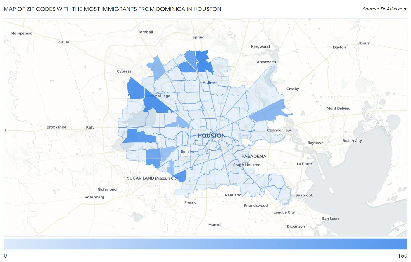 Zip Codes with the Most Immigrants from Dominica in Houston Map