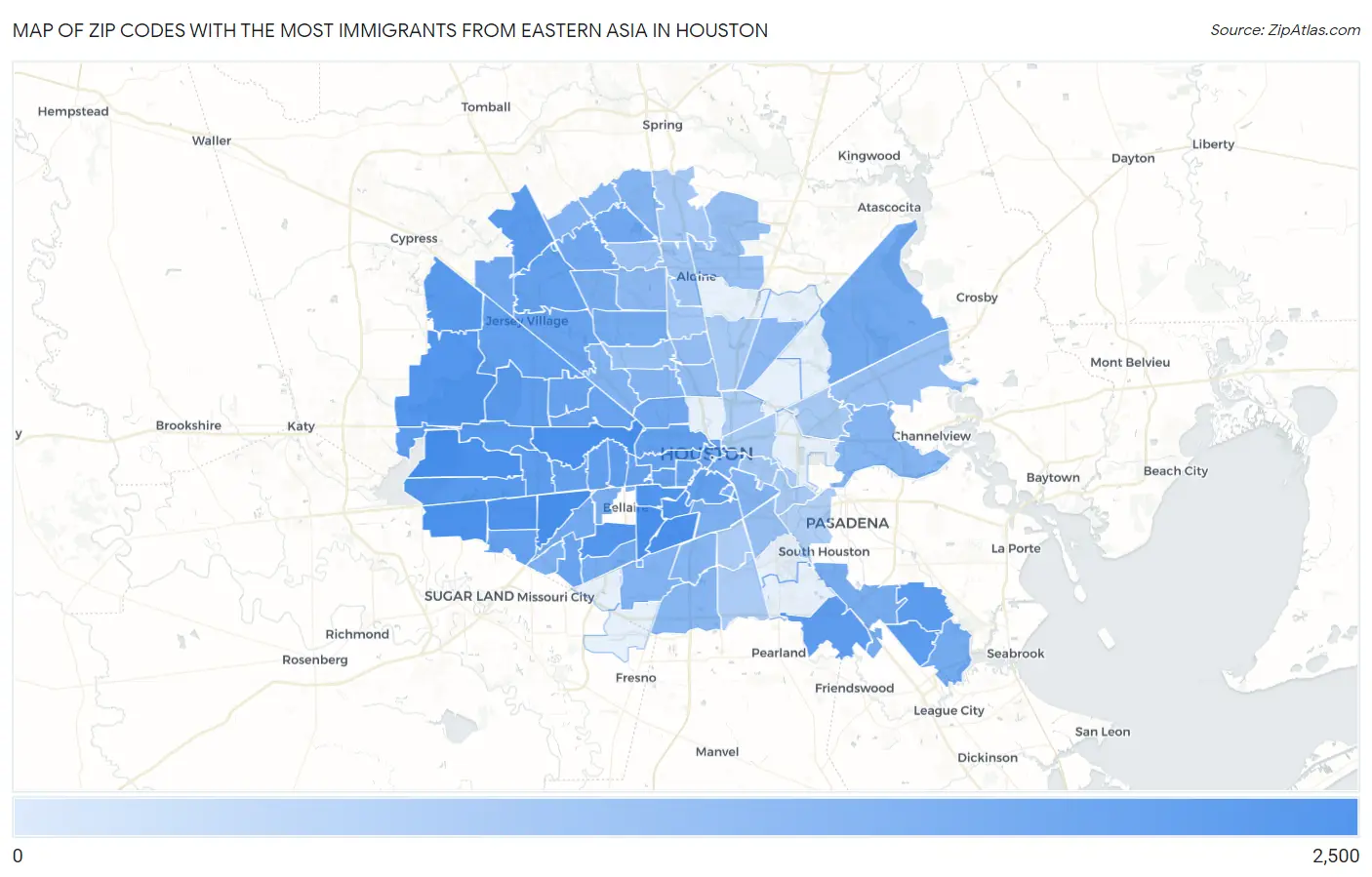 Zip Codes with the Most Immigrants from Eastern Asia in Houston Map
