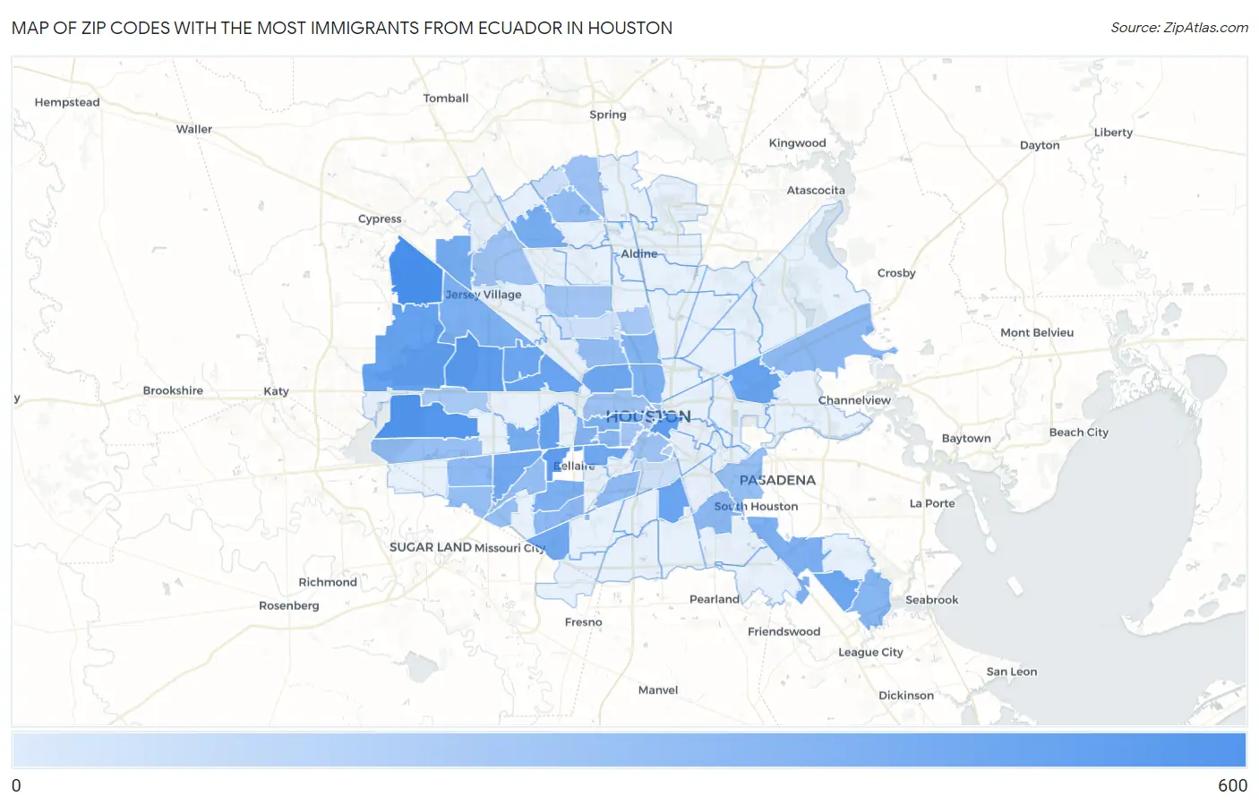 Zip Codes with the Most Immigrants from Ecuador in Houston Map