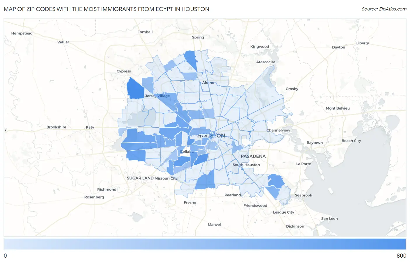 Zip Codes with the Most Immigrants from Egypt in Houston Map