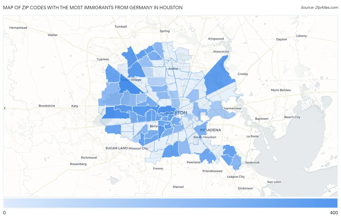 Zip Codes with the Most Immigrants from Germany in Houston Map
