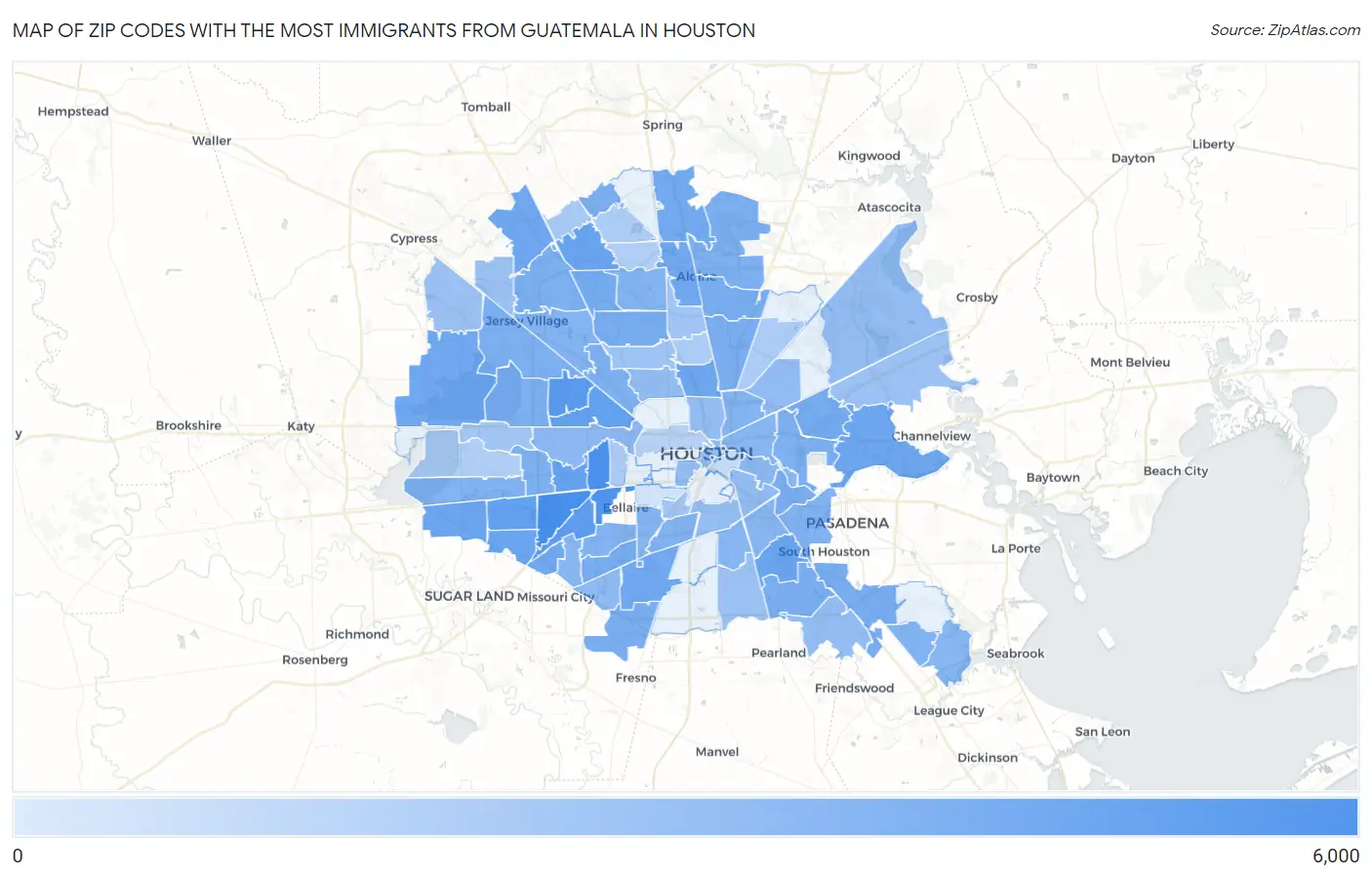 Zip Codes with the Most Immigrants from Guatemala in Houston Map