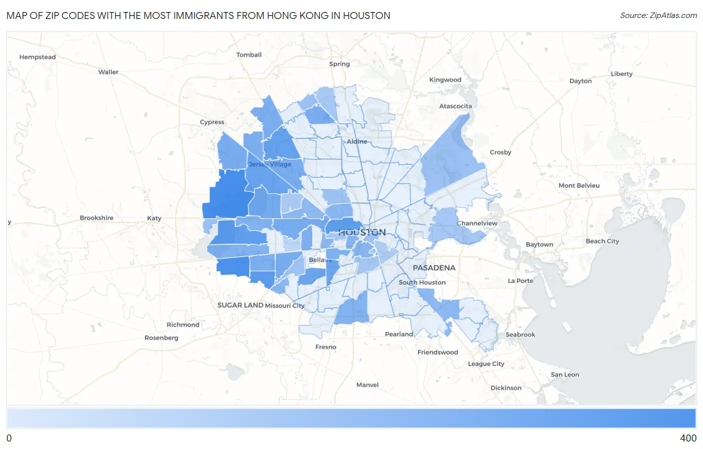 Zip Codes with the Most Immigrants from Hong Kong in Houston Map