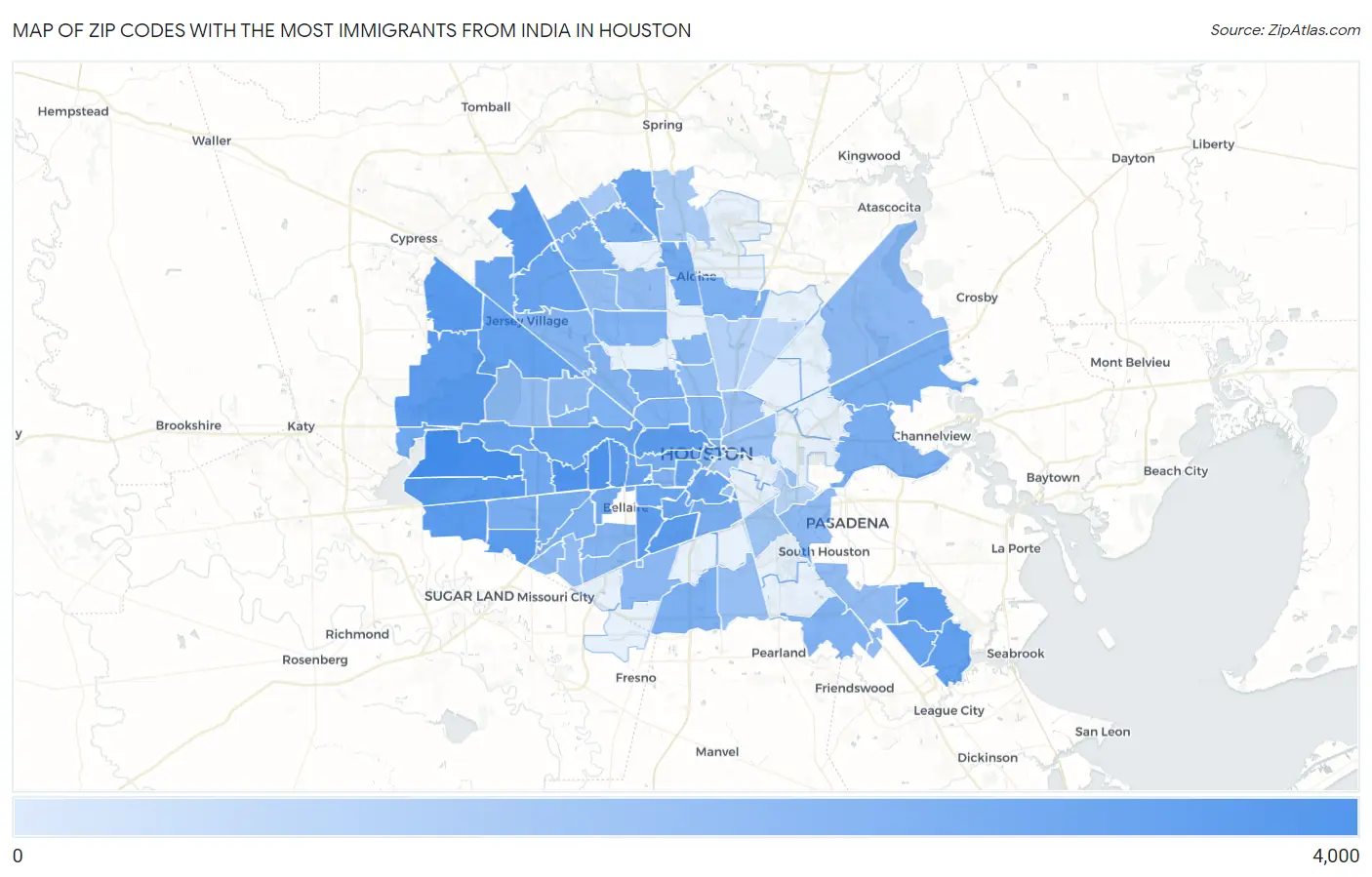 Zip Codes with the Most Immigrants from India in Houston Map