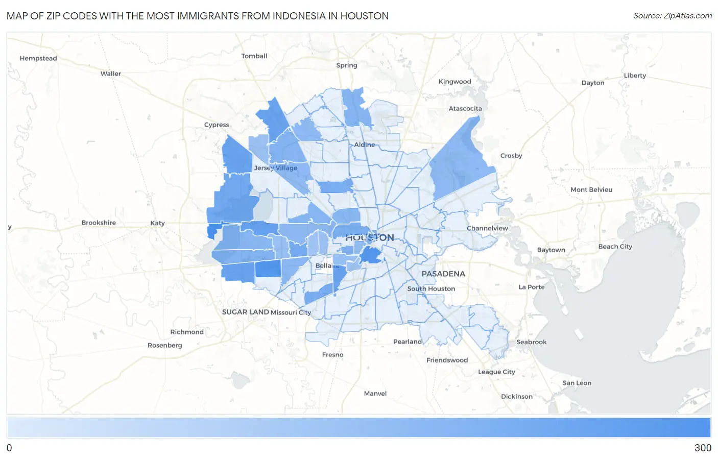 Zip Codes with the Most Immigrants from Indonesia in Houston Map