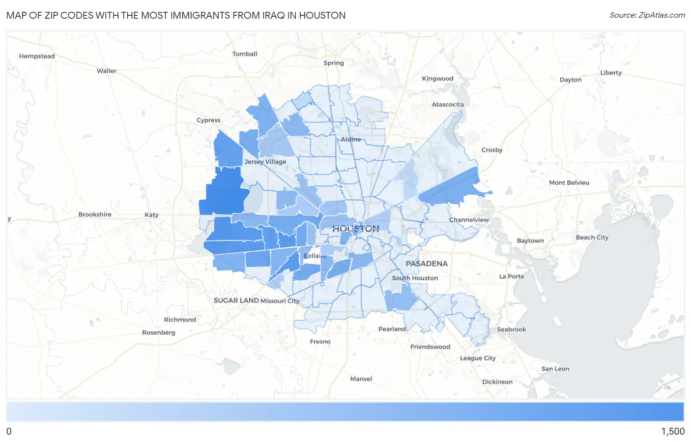 Zip Codes with the Most Immigrants from Iraq in Houston Map