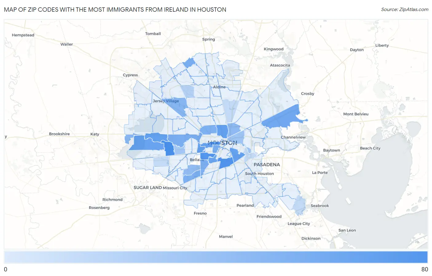 Zip Codes with the Most Immigrants from Ireland in Houston Map