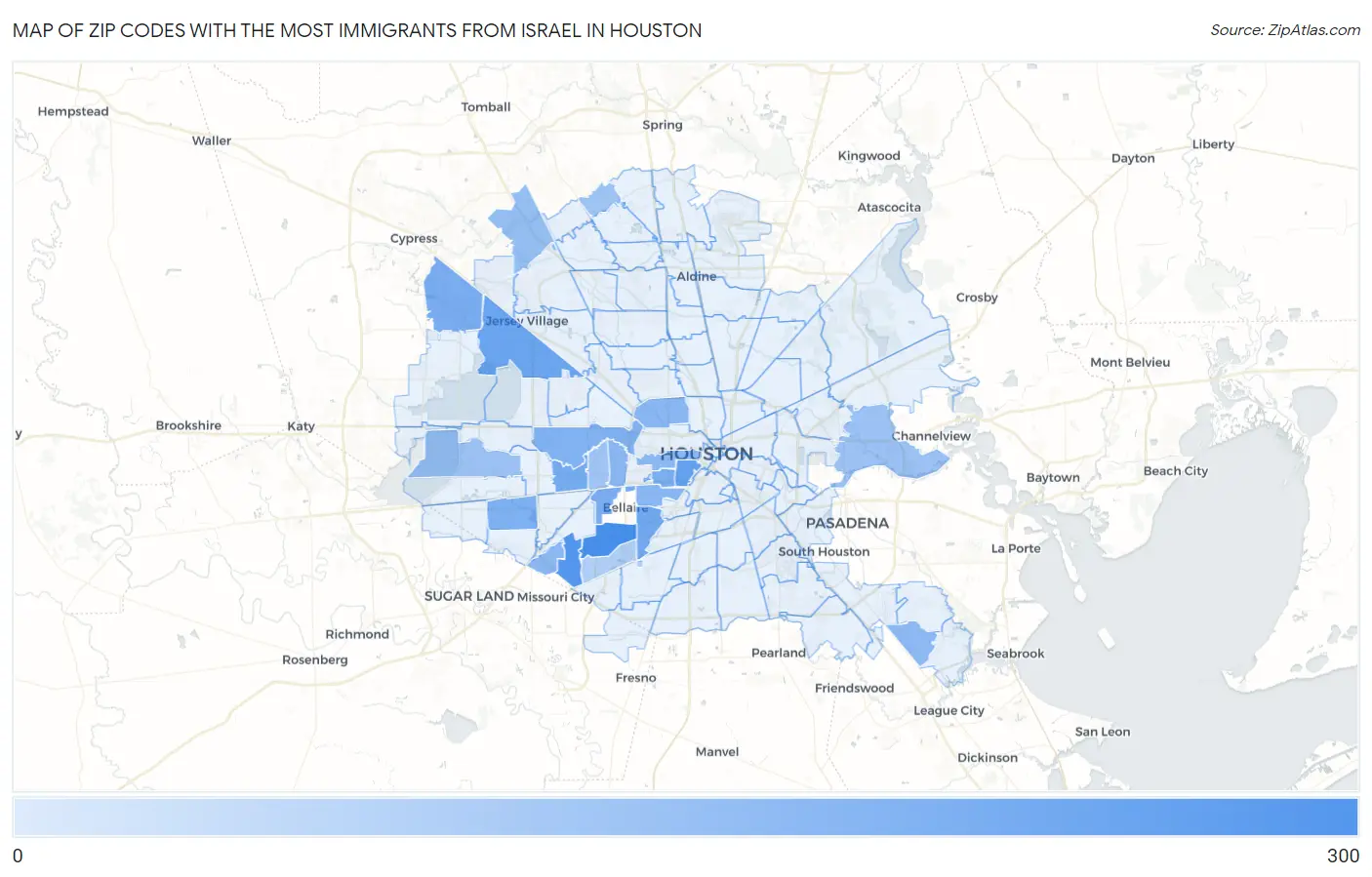 Zip Codes with the Most Immigrants from Israel in Houston Map