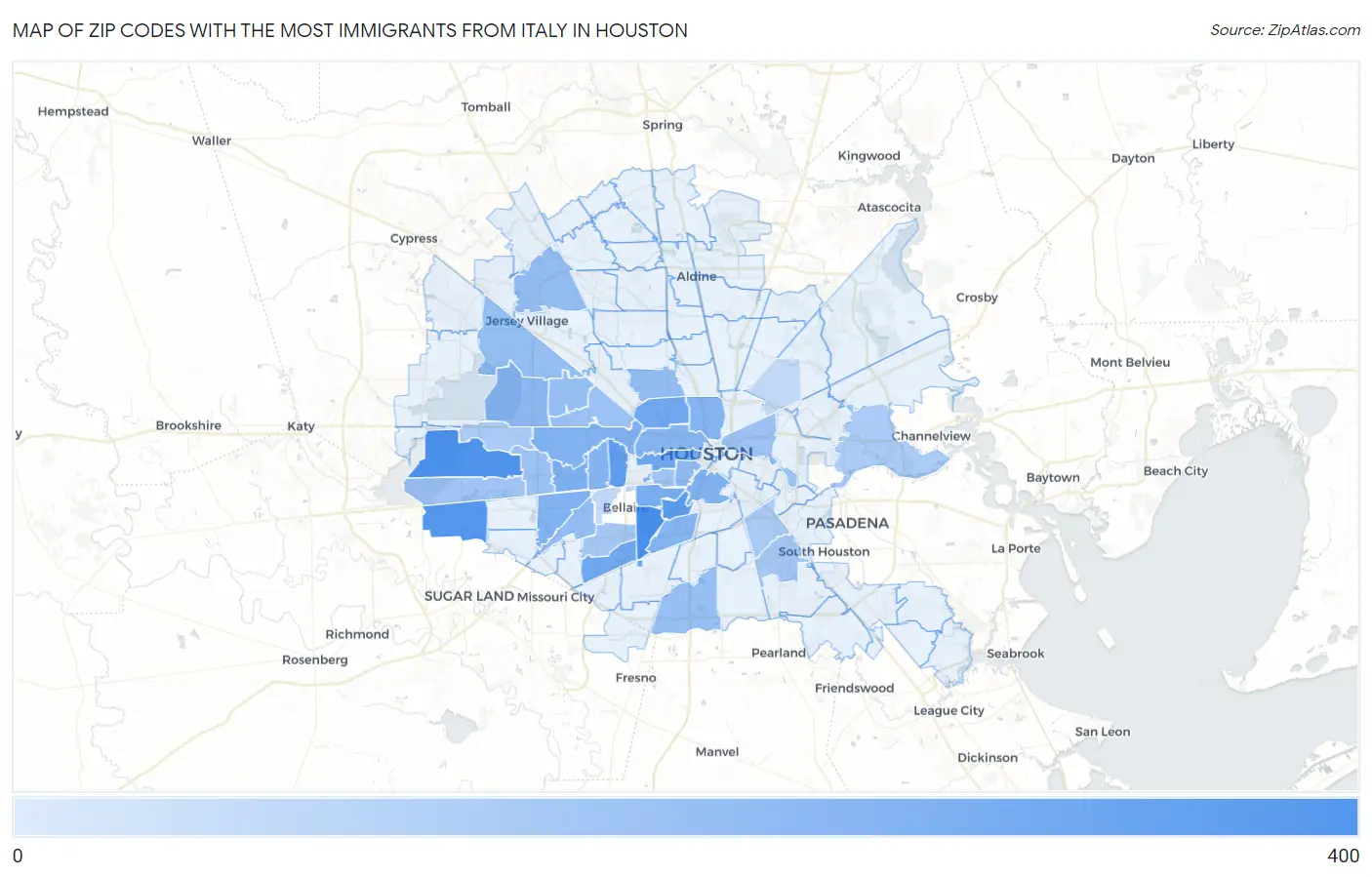 Zip Codes with the Most Immigrants from Italy in Houston Map