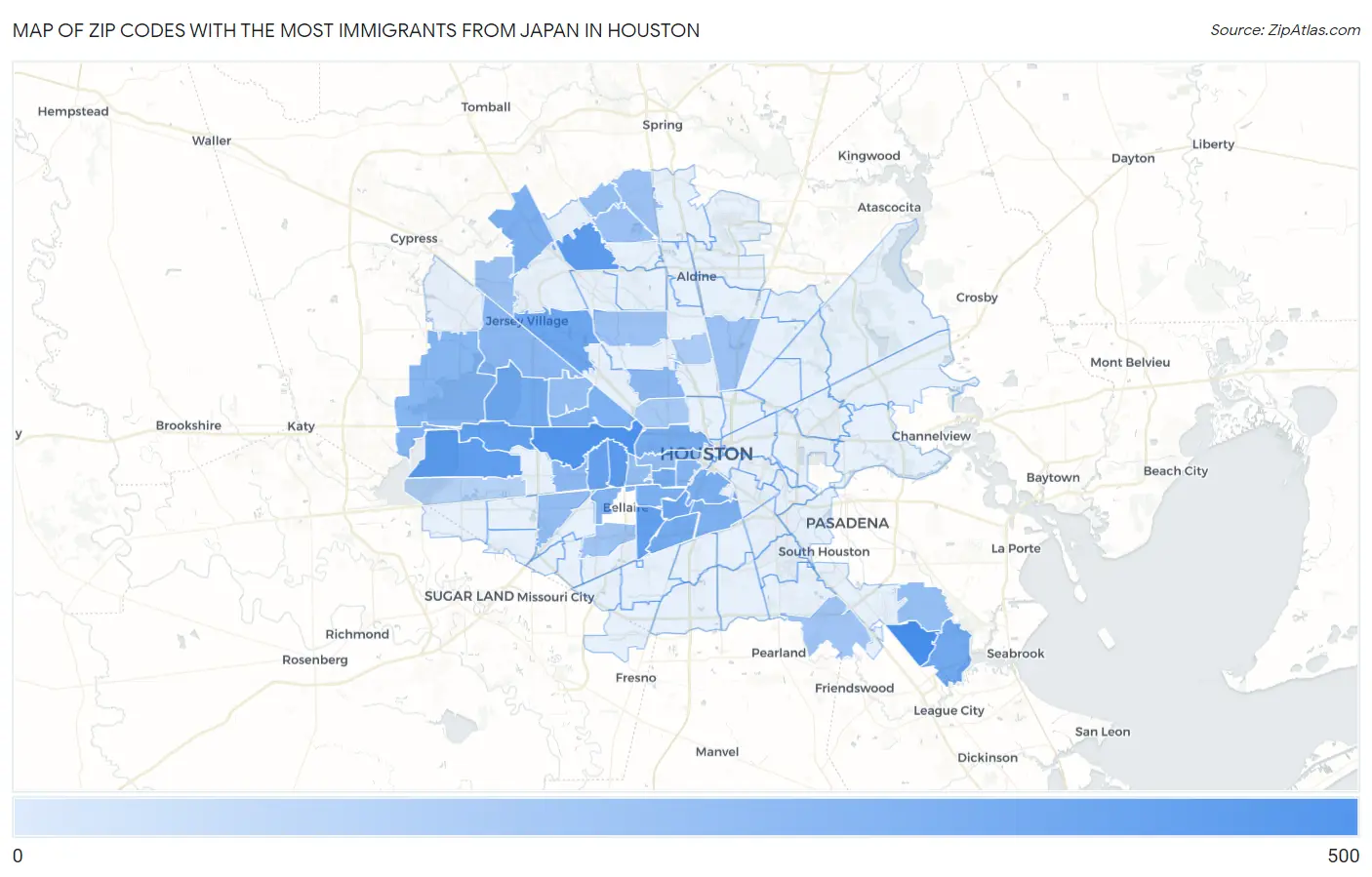Zip Codes with the Most Immigrants from Japan in Houston Map