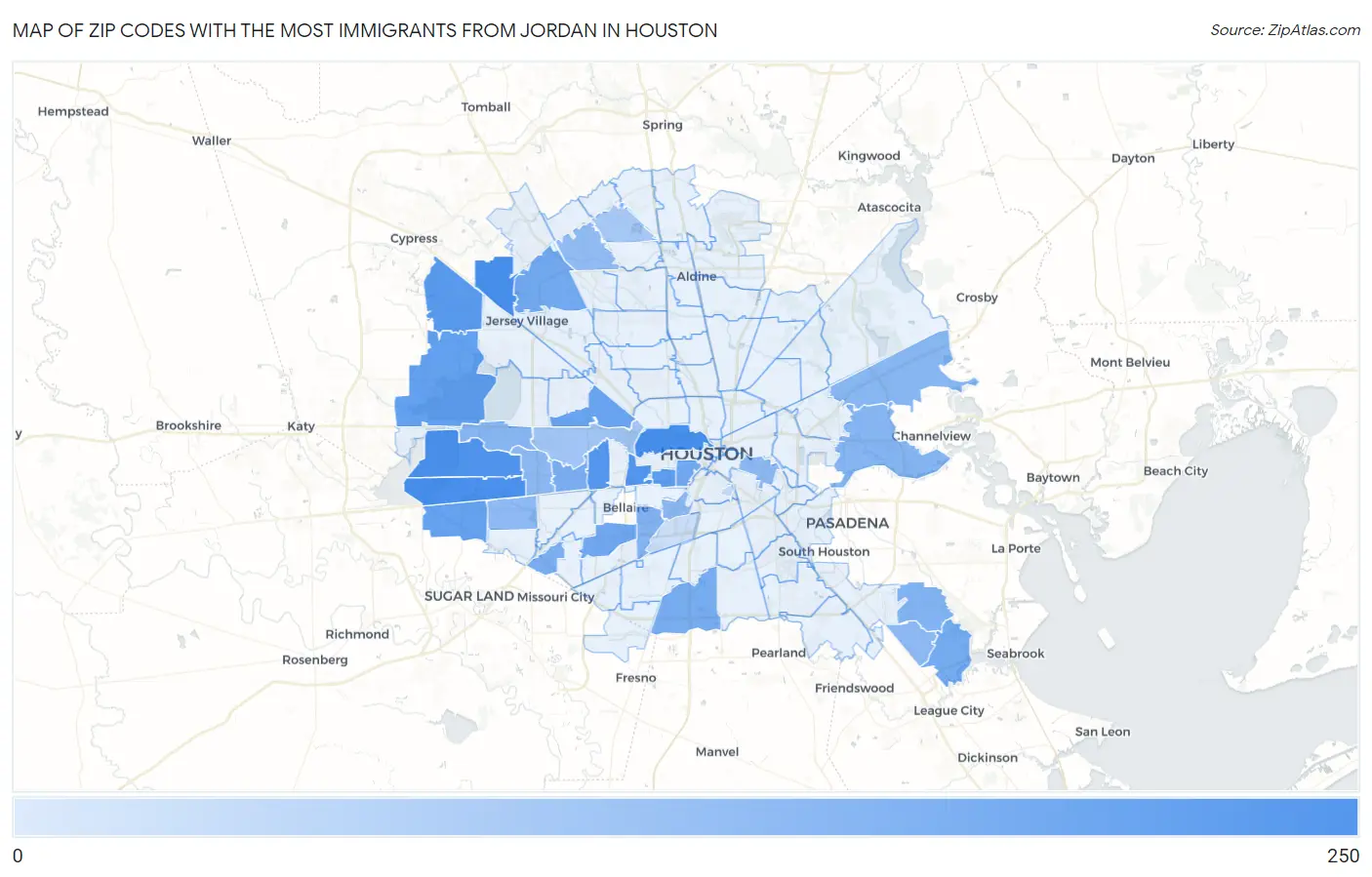 Zip Codes with the Most Immigrants from Jordan in Houston Map