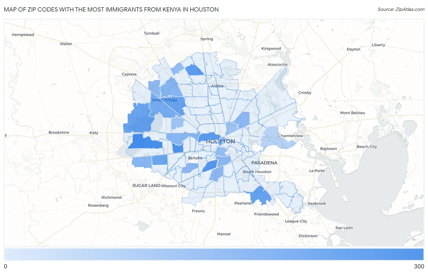Zip Codes with the Most Immigrants from Kenya in Houston Map