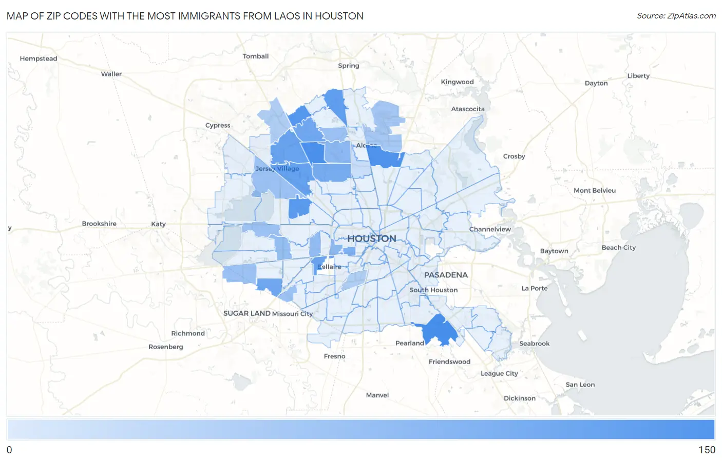 Zip Codes with the Most Immigrants from Laos in Houston Map