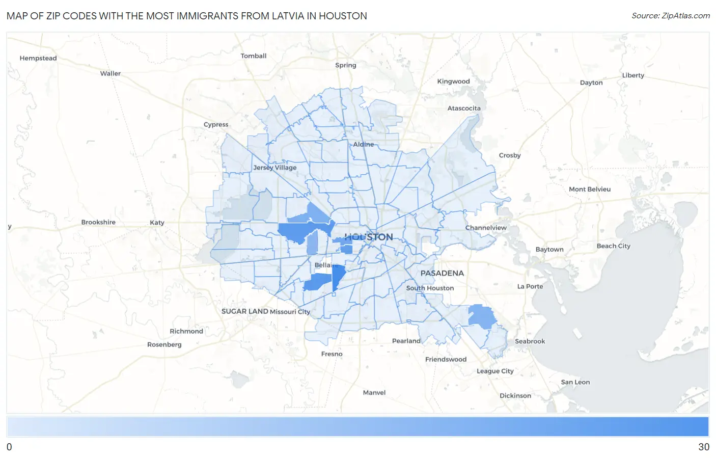Zip Codes with the Most Immigrants from Latvia in Houston Map
