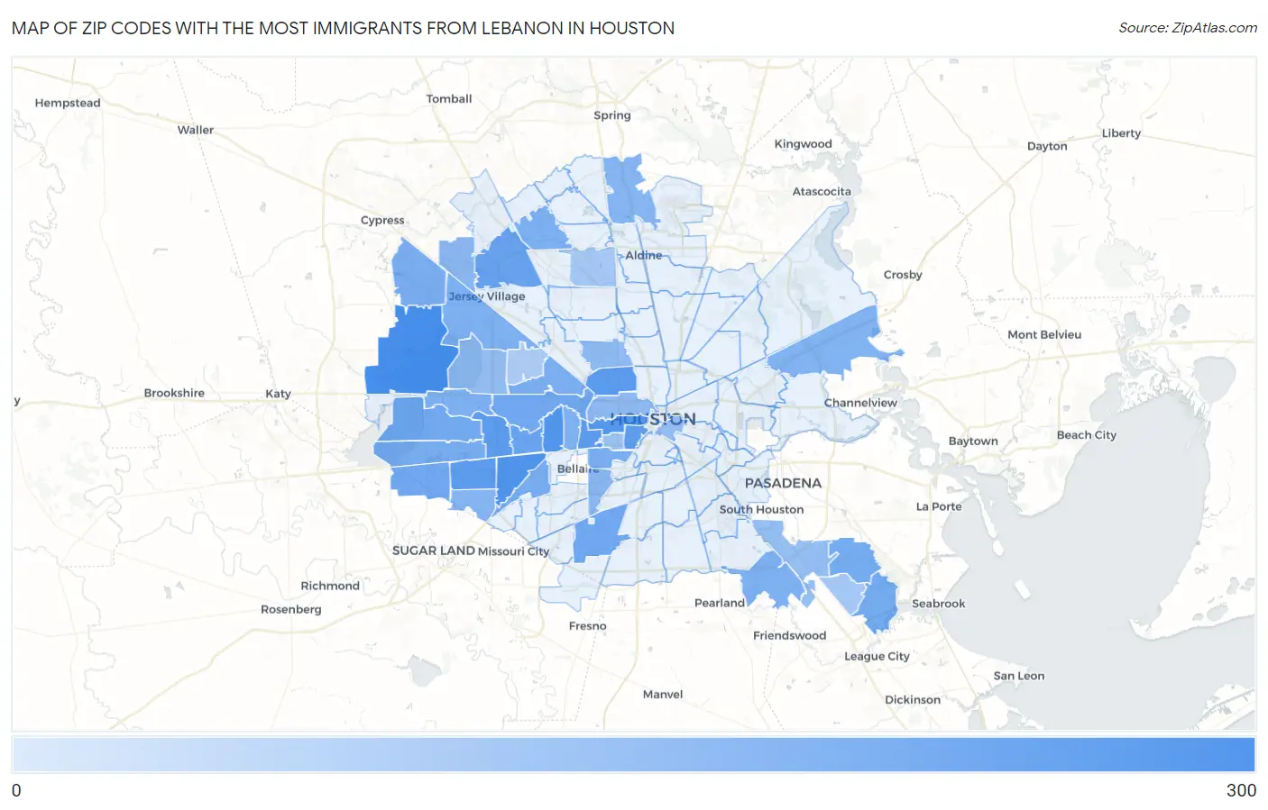 Zip Codes with the Most Immigrants from Lebanon in Houston Map