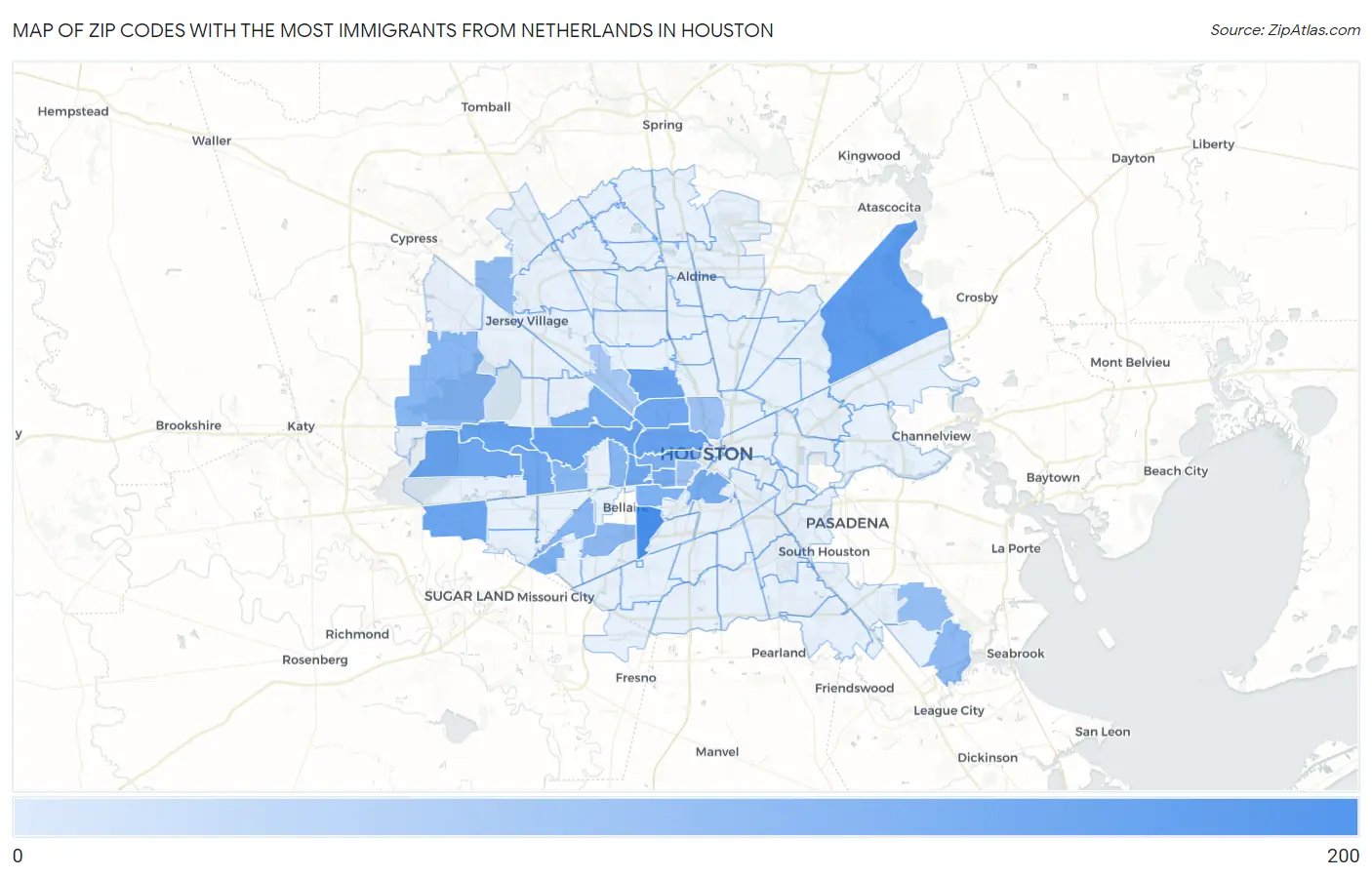 Zip Codes with the Most Immigrants from Netherlands in Houston Map