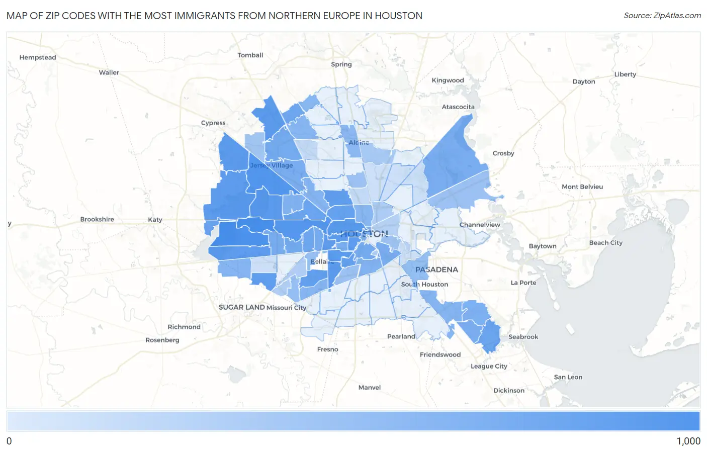 Zip Codes with the Most Immigrants from Northern Europe in Houston Map