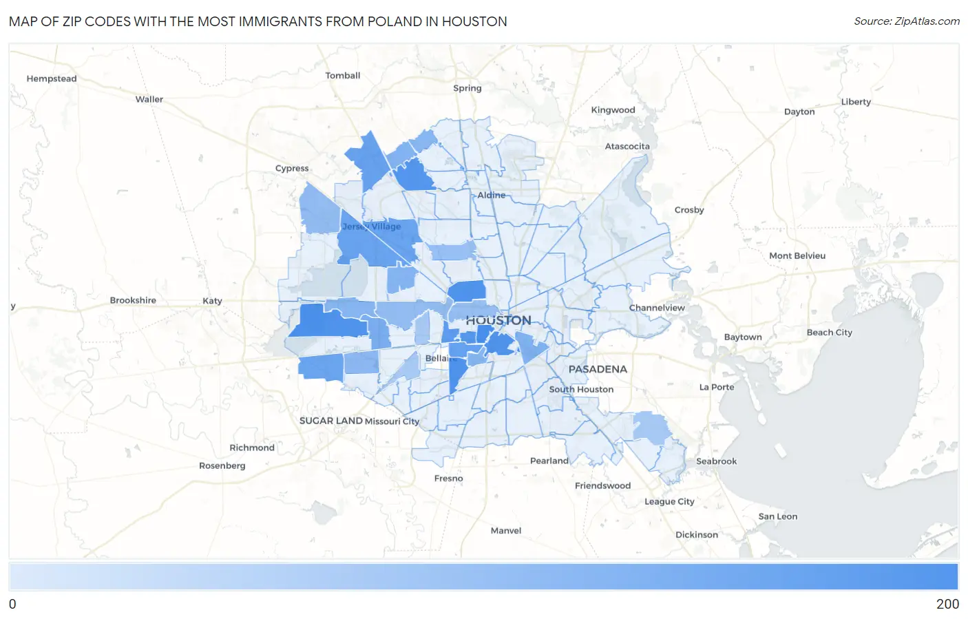 Zip Codes with the Most Immigrants from Poland in Houston Map