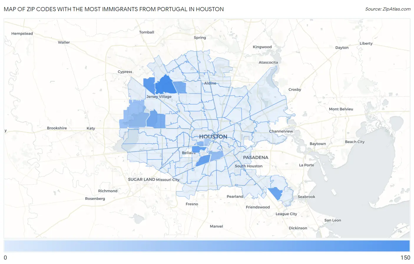 Zip Codes with the Most Immigrants from Portugal in Houston Map