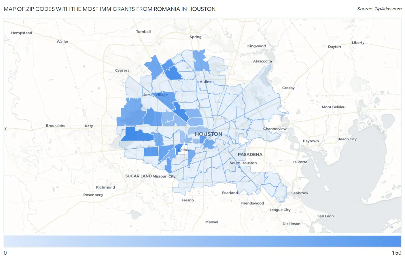 Zip Codes with the Most Immigrants from Romania in Houston Map