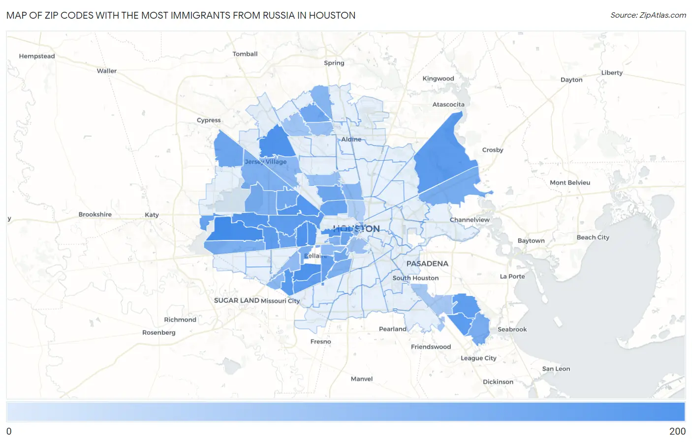 Zip Codes with the Most Immigrants from Russia in Houston Map