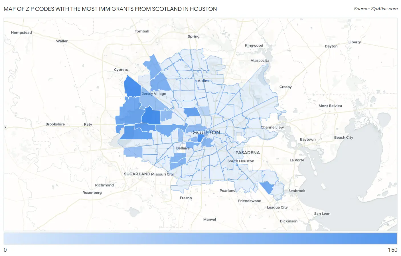 Zip Codes with the Most Immigrants from Scotland in Houston Map